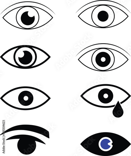 Collection of various black and white eye icons depicting sight, emotion, and visual concepts