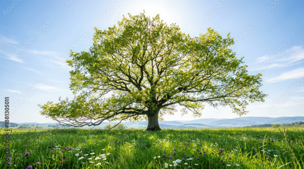 Fototapeta premium Majestic tree standing alone in a lush green meadow under a bright blue sky with sunlight filtering through its leaves from a high viewpoint