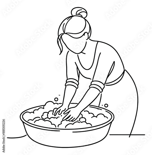 Line art illustration of a woman depicting washing clothes in a basin for domestic chores