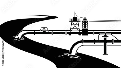 Clean vector silhouette of a flowing river channeled for an irrigation system.