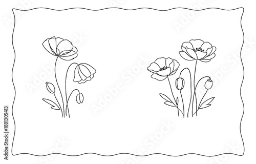 Hand drawn line art flower set featuring blooming poppies and unopened buds for botanical design