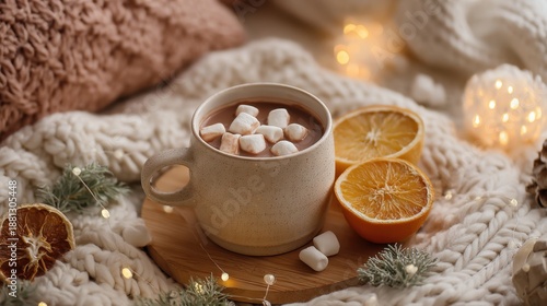 Cozy winter hot chocolate with marshmallows and orange slices