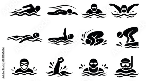 Glyph swimming icons set featuring various strokes and water activities for sports and recreation