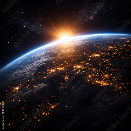 Sunrise over earth from space with city lights
