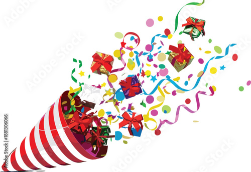 Vector illustration of party popper icon with confetti burst, gift boxes, celebration symbol, and festive design element