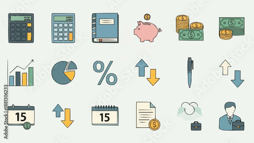 Financial Icons Collection Representing Business and Economy.