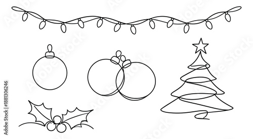 Minimalist line art Christmas elements set featuring string lights, baubles, a Christmas tree, and holly for festive holiday decorations