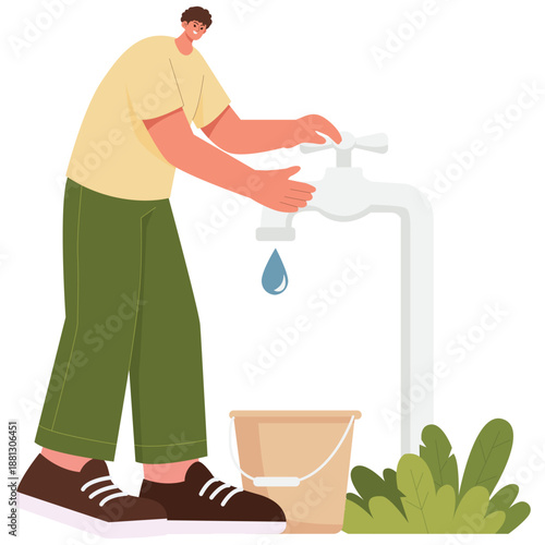 Eco Living Illustration. Vector illustration of Man collecting water from a tap into a bucket, illustrating water saving habits, conservation, and sustainable resource use. Isolated on background