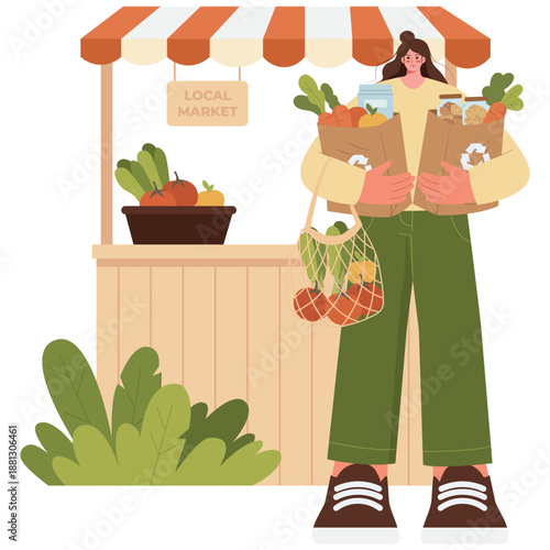Eco Living Illustration. Vector illustration of Woman shopping local organic food using reusable bags at sustainable community market. Isolated on background