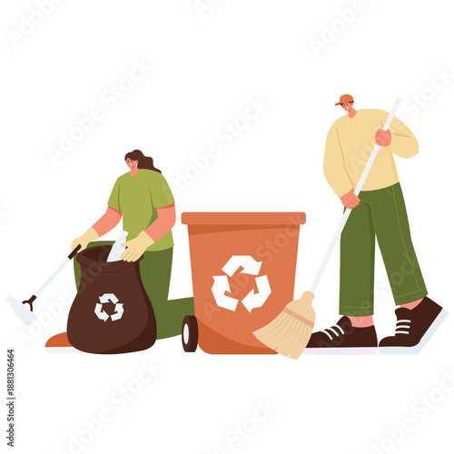 Eco Living Illustration. Vector illustration of People cleaning environment and recycling waste to support sustainable eco friendly lifestyle. Isolated on background