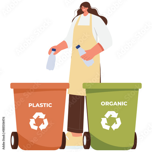 Eco Living Illustration. Vector illustration of Woman sorting plastic and organic waste into recycling bins for sustainable living. Isolated on background