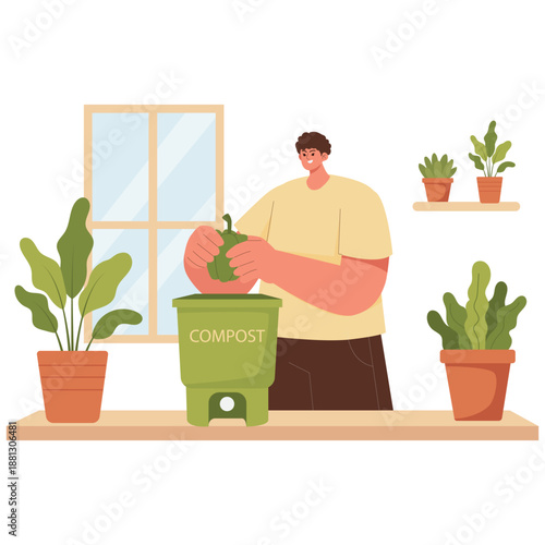 Eco Living Illustration. Vector illustration of Man composting organic waste at home for sustainable zero waste lifestyle. Isolated on background