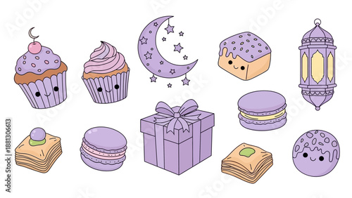 Kawaii Ramadan Sweets Set: Cupcakes, Macarons, Baklava, Gift Box, Moon, Lantern