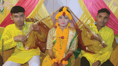 Indian wedding bride, brothers holding veil, haldi ceremony, traditional yellow attire