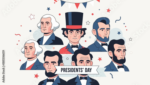 US Presidents Day Illustration - Washington, Lincoln, and other Founding Fathers