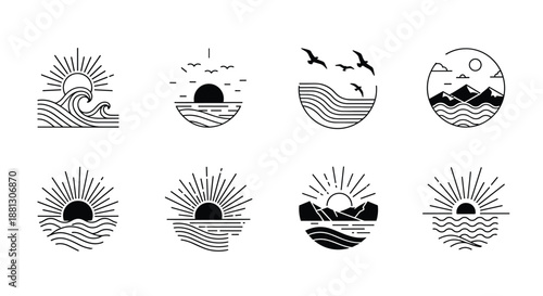 Minimalist circular line art scenes of ocean waves, sunrises, mountains, and flying seagulls for simple landscape branding.
