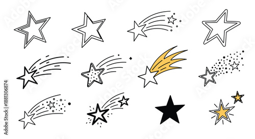Hand-drawn shooting star and comet doodles in black and yellow for playful celestial themes and whimsical graphic compositions.