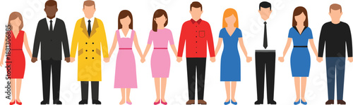 Diverse group of people holding hands illustration, unity and teamwork concept with men and women in flat cartoon style
