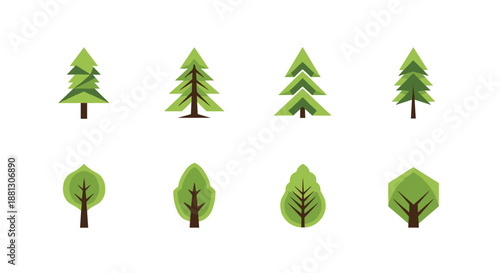 Geometric tree and leaf icons in shades of green featuring various canopy shapes like triangles, circles, and hexagons.