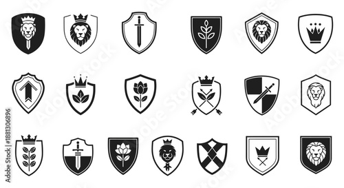 Diverse set of heraldic shields and crests featuring symbols like lions, swords, crowns, and floral emblems for royal branding.
