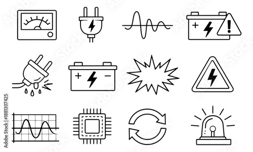 Simple line art electrical and electronic icons set featuring various power, warning, and measurement symbols for technology and safety applications