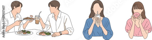 Flat illustration set of people eating food and drinking beverages, modern lifestyle characters enjoying meals and snacks in minimal design style