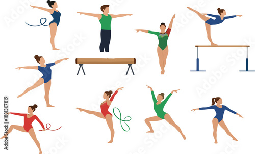 Gymnastics sport illustration set with athletes performing ribbon and balance beam exercises, flat cartoon gymnastics character collection