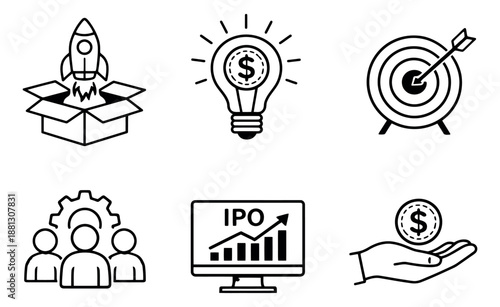 Line art business and finance icons set featuring startup, innovation, success, teamwork, investment, and financial concepts for business growth and strategy