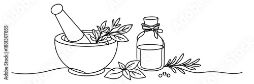 Line art wellness set featuring a mortar, pestle, herbs, and an essential oil bottle for natural remedies