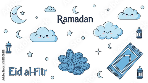 Ramadan & Eid al-Fitr Cute Kawaii Elements: Moon, Clouds, Dates, Prayer Mat, Lanterns
