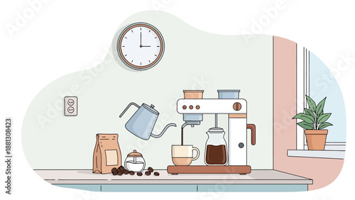 Morning Coffee Ritual Preparing Hot Beverage Using Espresso Machine Water Filling Cup Beans Sugar On Kitchen Countertop