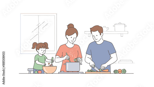 Happy Family Preparing Healthy Food Together In A Bright Kitchen During Daytime Enjoying Quality Time And Meal Creation