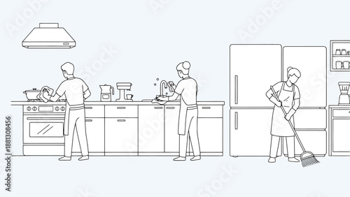 Modern kitchen with people cleaning and cooking representing domestic chores and household management in a clean domestic environment