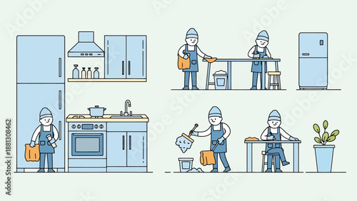Domestic Cleanup And Sanitation Scenes Depicting Household Chores In A Kitchen Environment With Appliances And Furniture