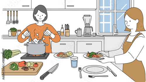 Two women preparing food together in a bright kitchen counter scene with ingredients and cooking utensils