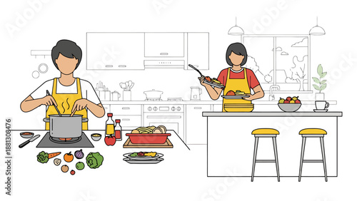 Two People Preparing Food Together In A Modern Kitchen Environment Over A Counter And Stove With Fresh Ingredients Visible Making Mealtime A Family