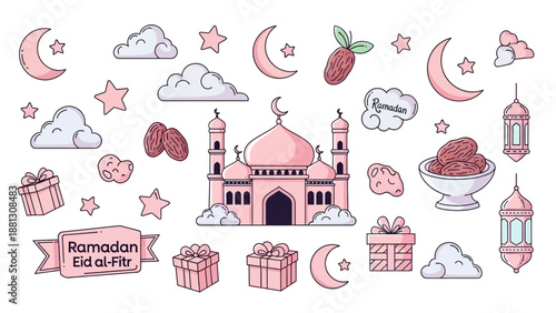 Ramadan Eid Al-Fitr islamic elements: mosque, moon, stars, dates, gifts, clouds