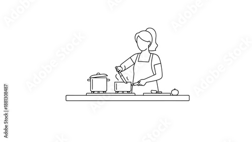 Person Wearing Apron Stirring Food in Pot on Stove Preparing Meal Healthy Home Cooking Culinary Activity Kitchen Scene Simple Line Art