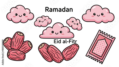 Ramadan Eid al-Fitr celebration with cute pink clouds, dates, and prayer mat