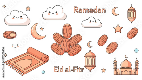 Ramadan Eid al-Fitr Cute Kawaii Elements: Dates, Mosque, Prayer Mat, Lanterns, Moon, Stars, Clouds