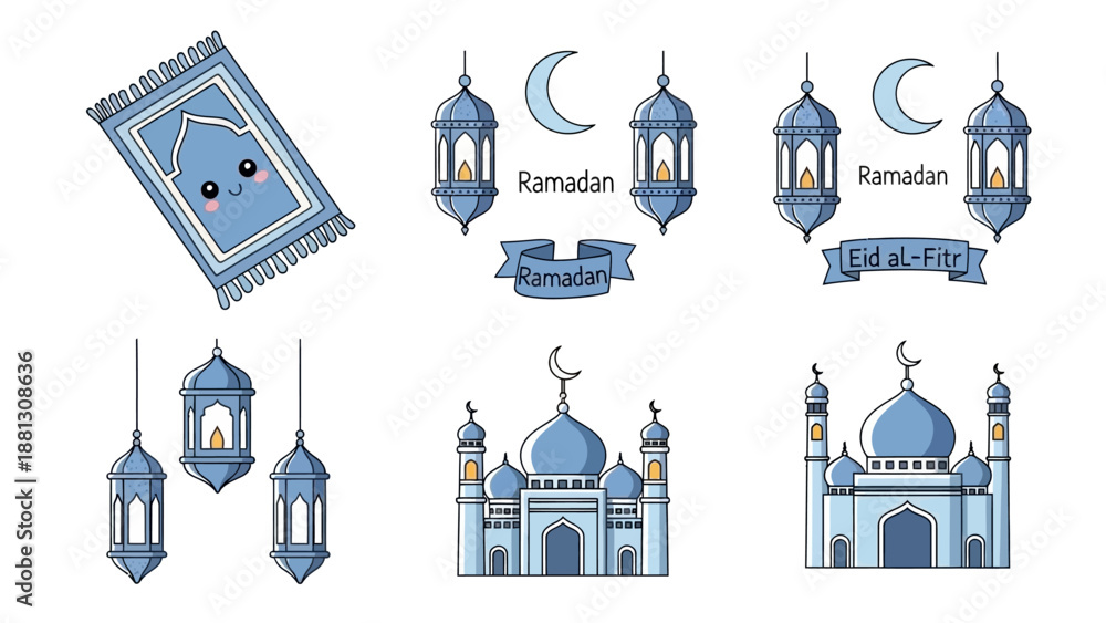 Fototapeta premium Ramadan Islamic Icons: Prayer Mat, Mosques, Lanterns, Crescent Moon, Eid Greetings
