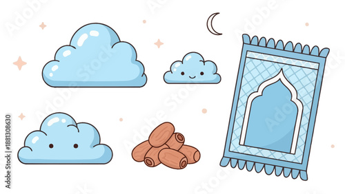 Ramadan Kareem - Prayer Mat, Dates, and Cute Clouds on a Starry Night Sky
