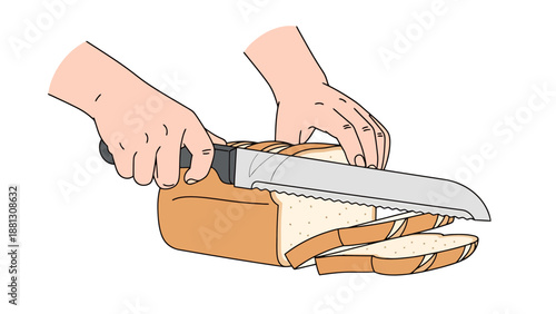 Person slicing loaf of white bread at home preparing food for meal time making healthy sandwich ingredients at kitchen counter table using serrated