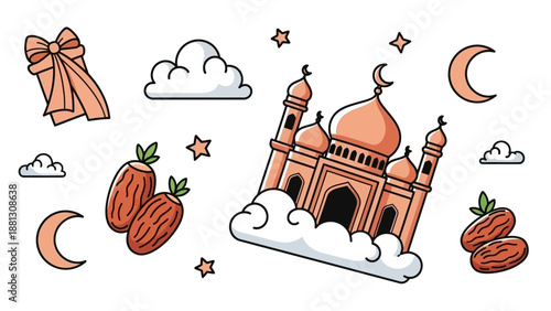 Ramadan Kareem Celebration Icons: Mosque, Dates, Moon, Clouds, Gift