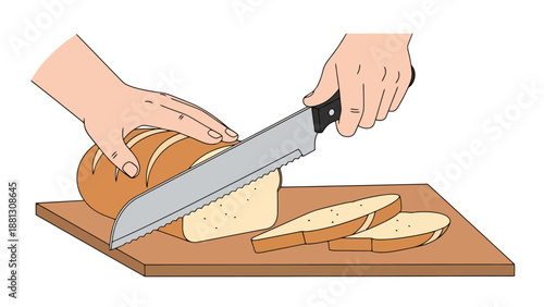 Close up of bakery bread loaf being sliced into pieces by a sharp kitchen knife on a wooden cutting board in a horizontal composition