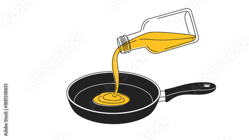 Clear Glass Bottle Pouring Yellow Liquid Cooking Oil Into Black Frying Pan Making Puddle For Culinary Preparation on White Background