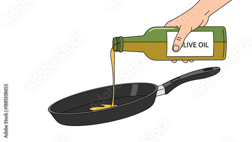 Hand pouring yellow liquid from olive oil bottle into black cooking pan preparing for meal preparation and culinary process