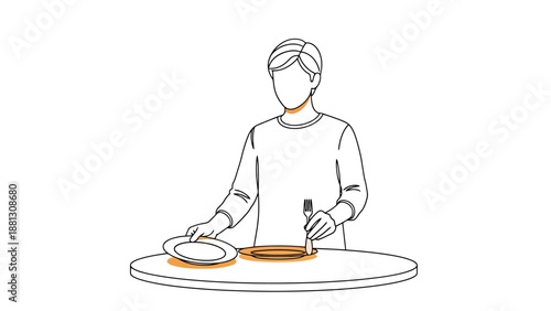 Person setting dining table preparing for meal with plate and cutlery simple line drawing style with warm color accents