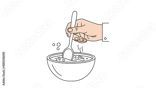 Human Hand Stirring Hot Food in Bowl with Spoon Steam Rising and Bubbles Simple Outline Drawing on White Background