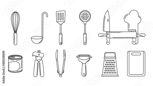Collection Of Essential Kitchen Utensils For Food Preparation And Cooking Displayed On A White Background With No People